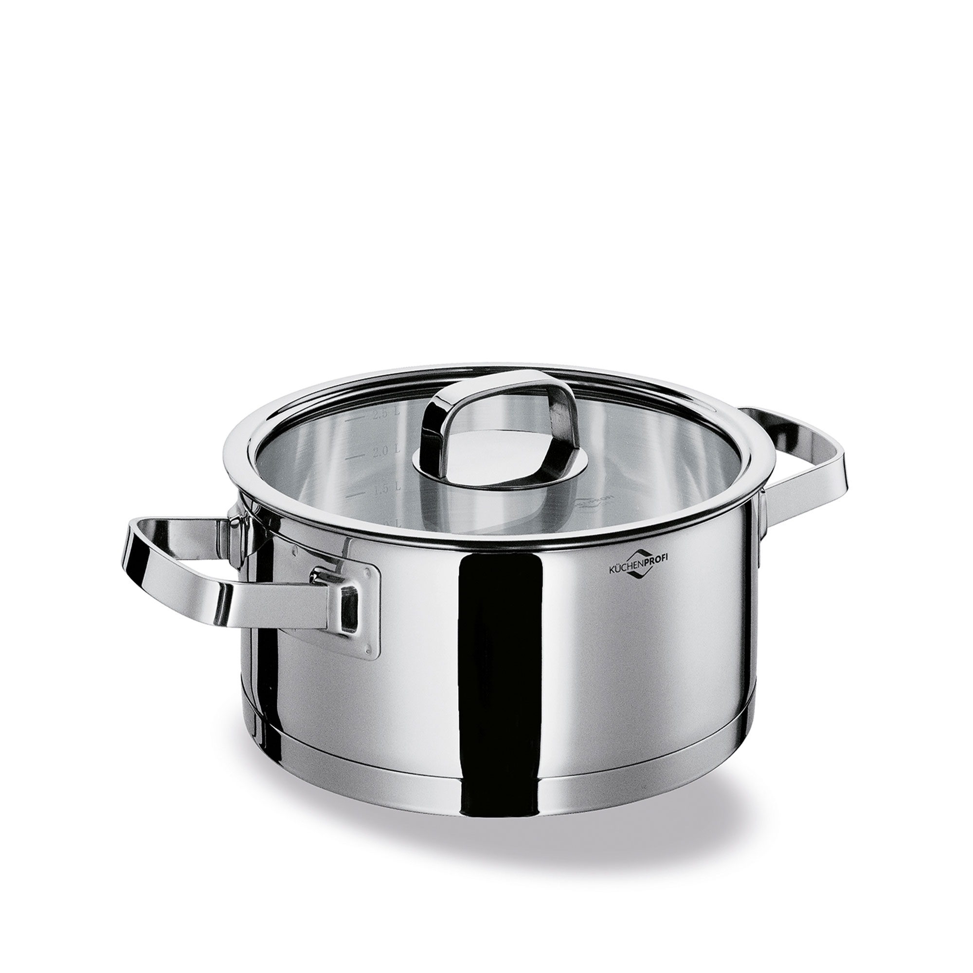 Round stainless steel pot with glass lid and handles