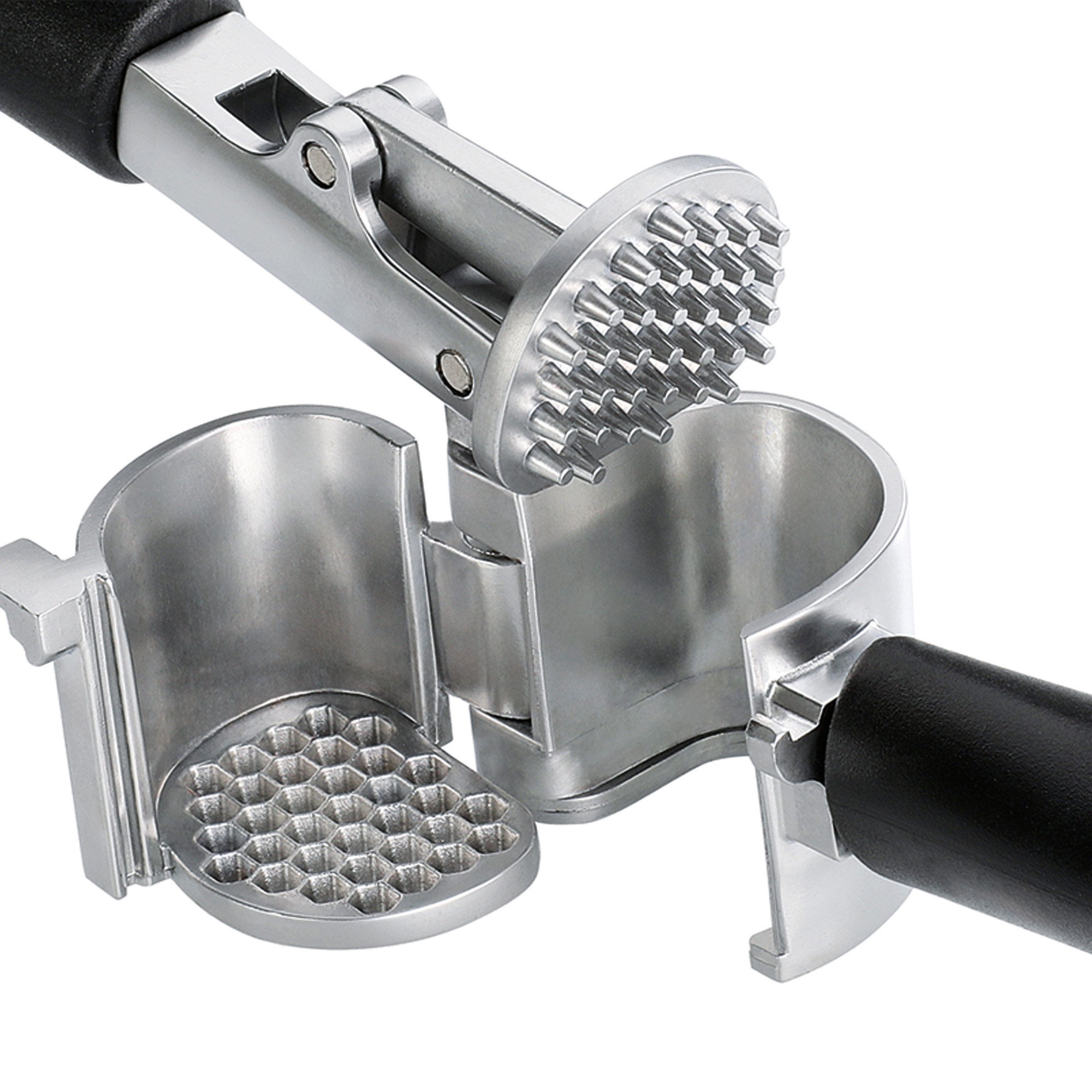 Geöffnete Küchenprofi Knoblauchpresse PROFILE aus Metall