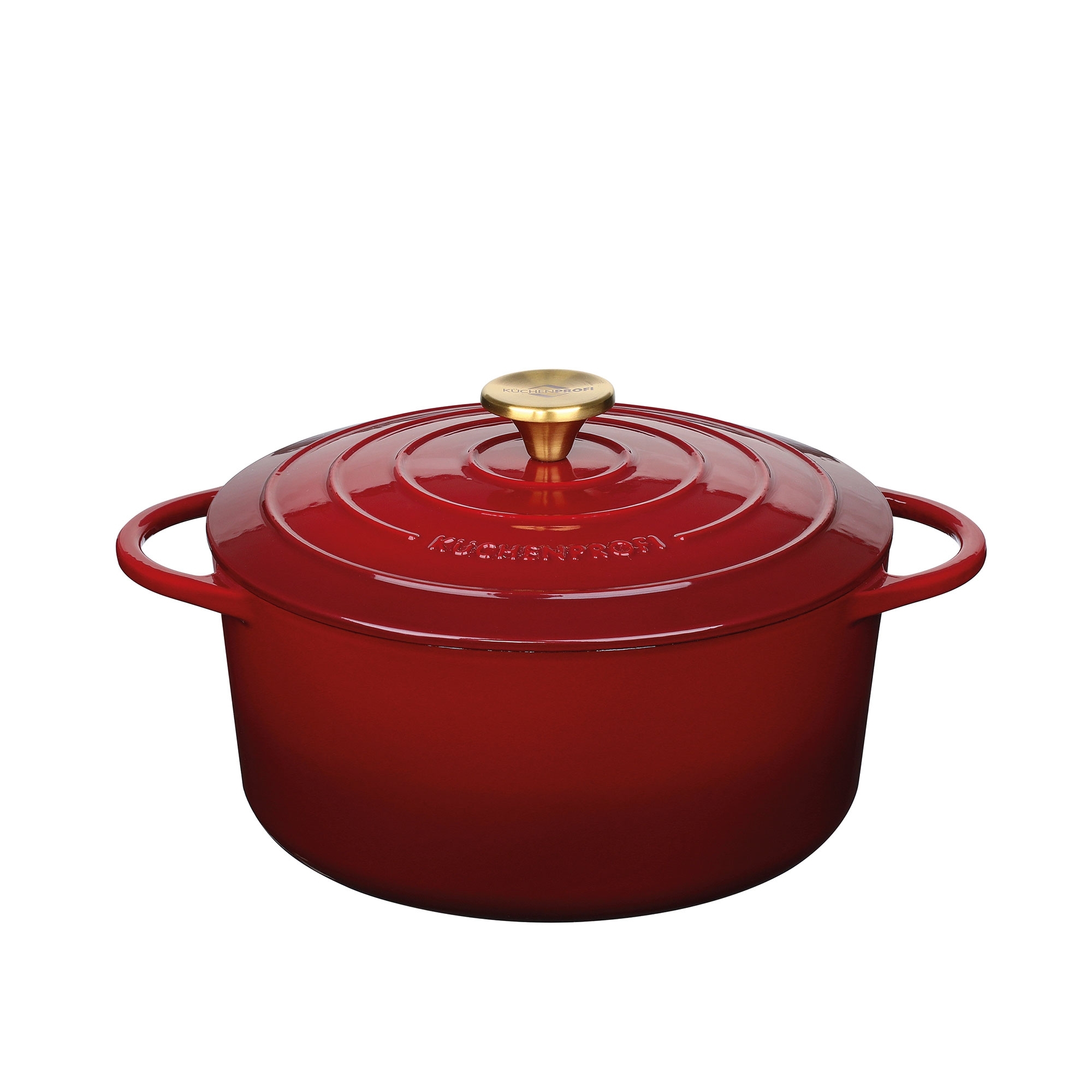 Round red cast iron pot with lid and handles
