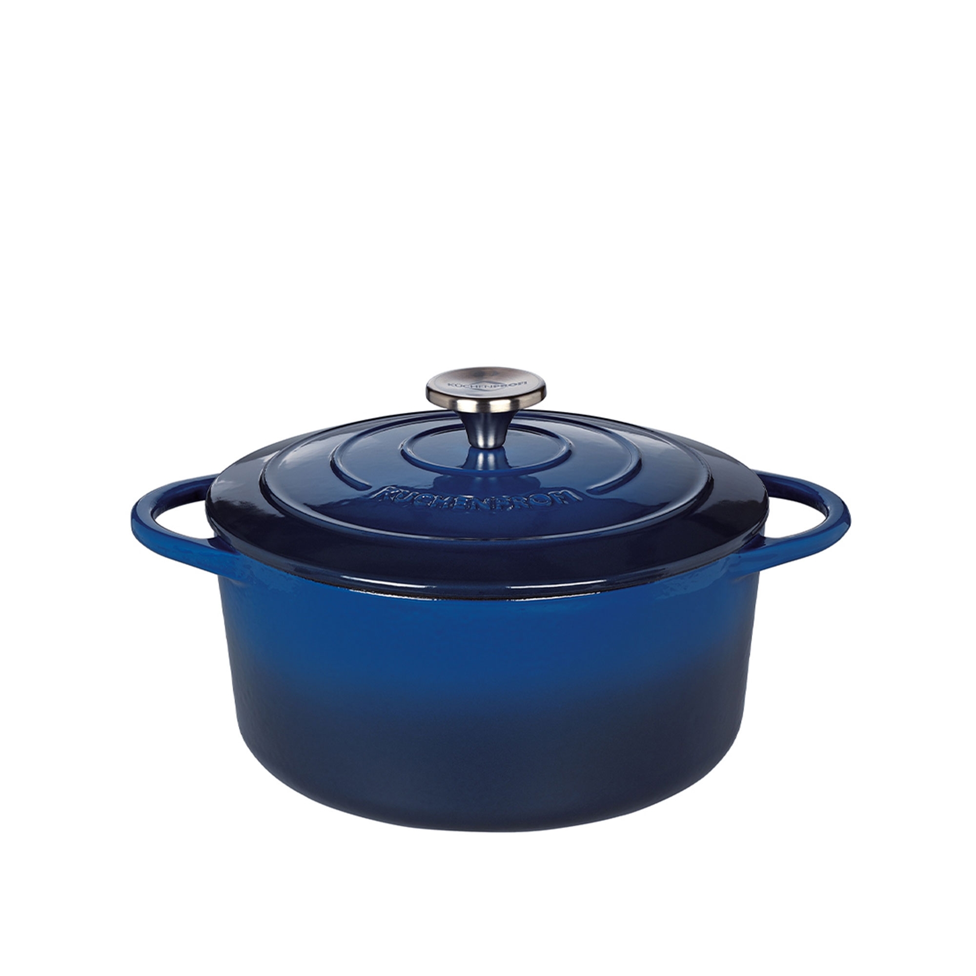 Round blue cast iron casserole with lid