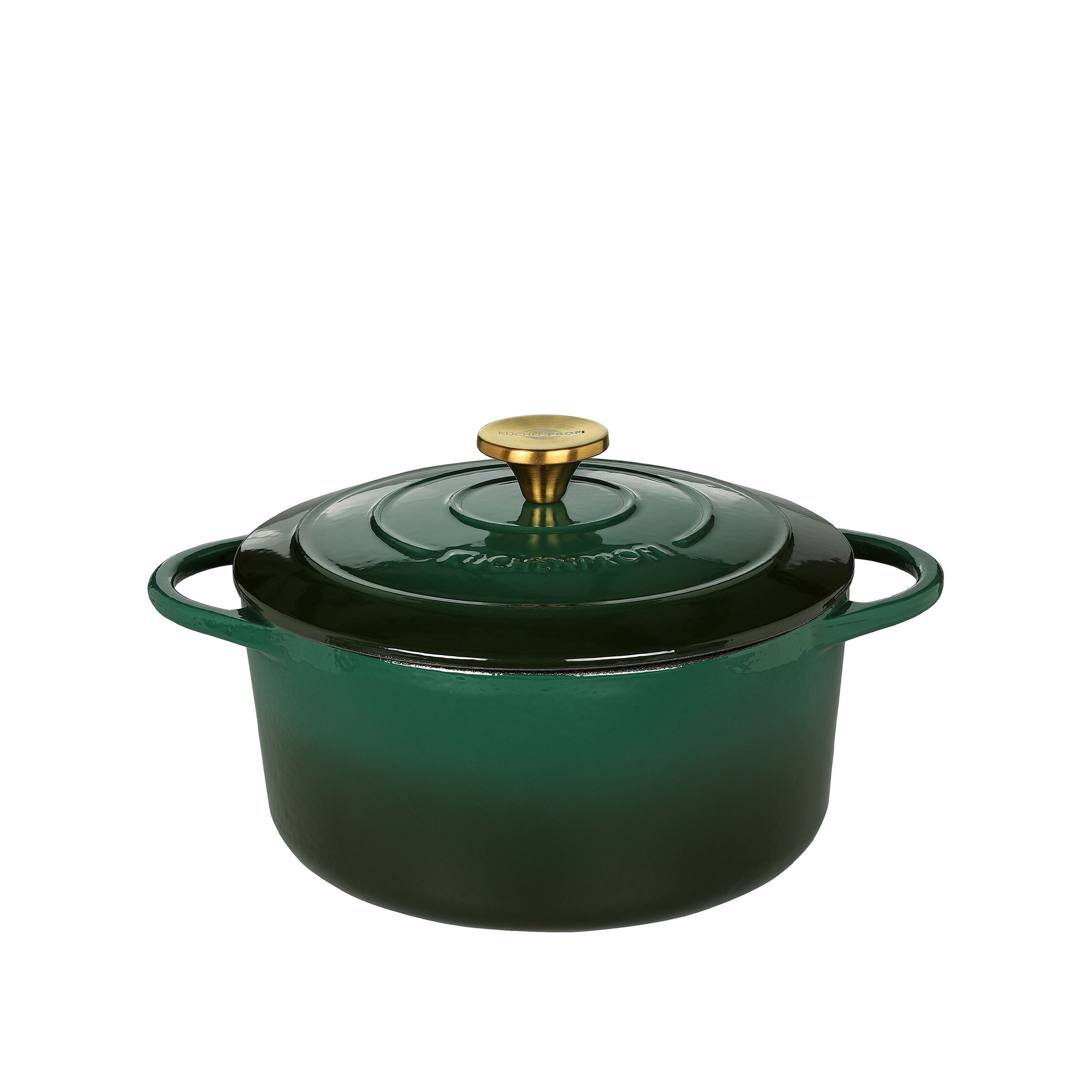 Round green cast iron casserole with gold knob
