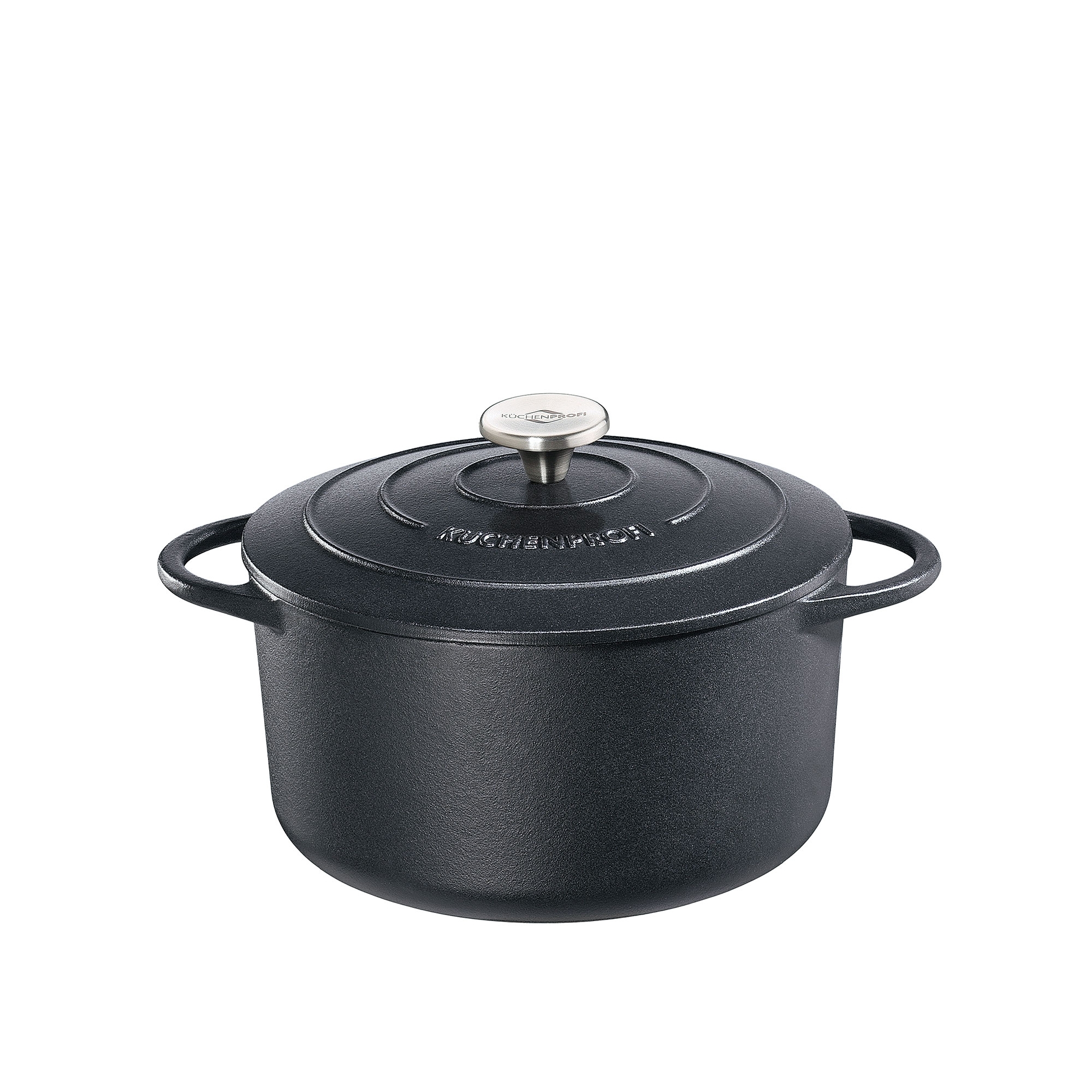 Black cast iron casserole with lid and handles