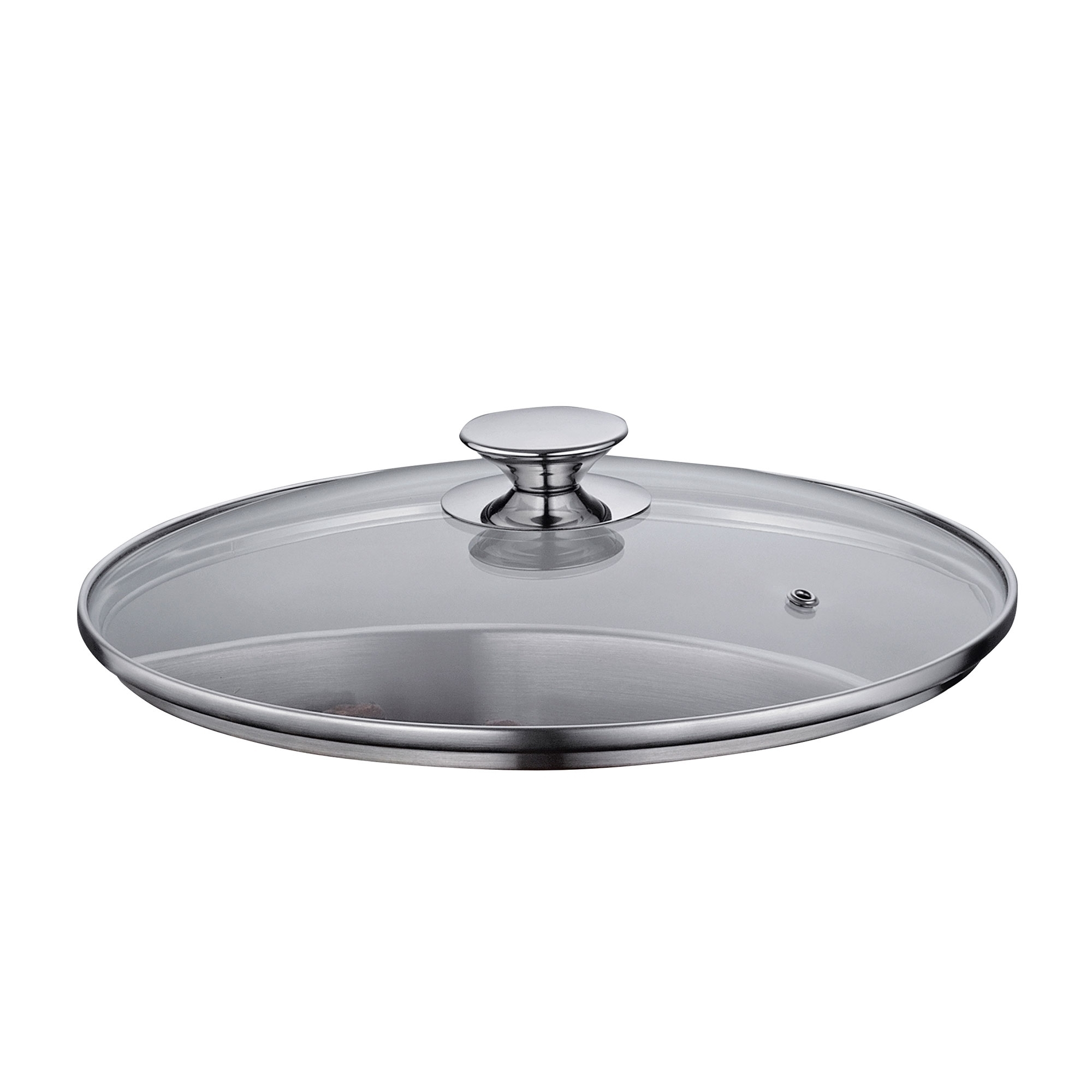 Round glass lid with stainless steel rim and knob