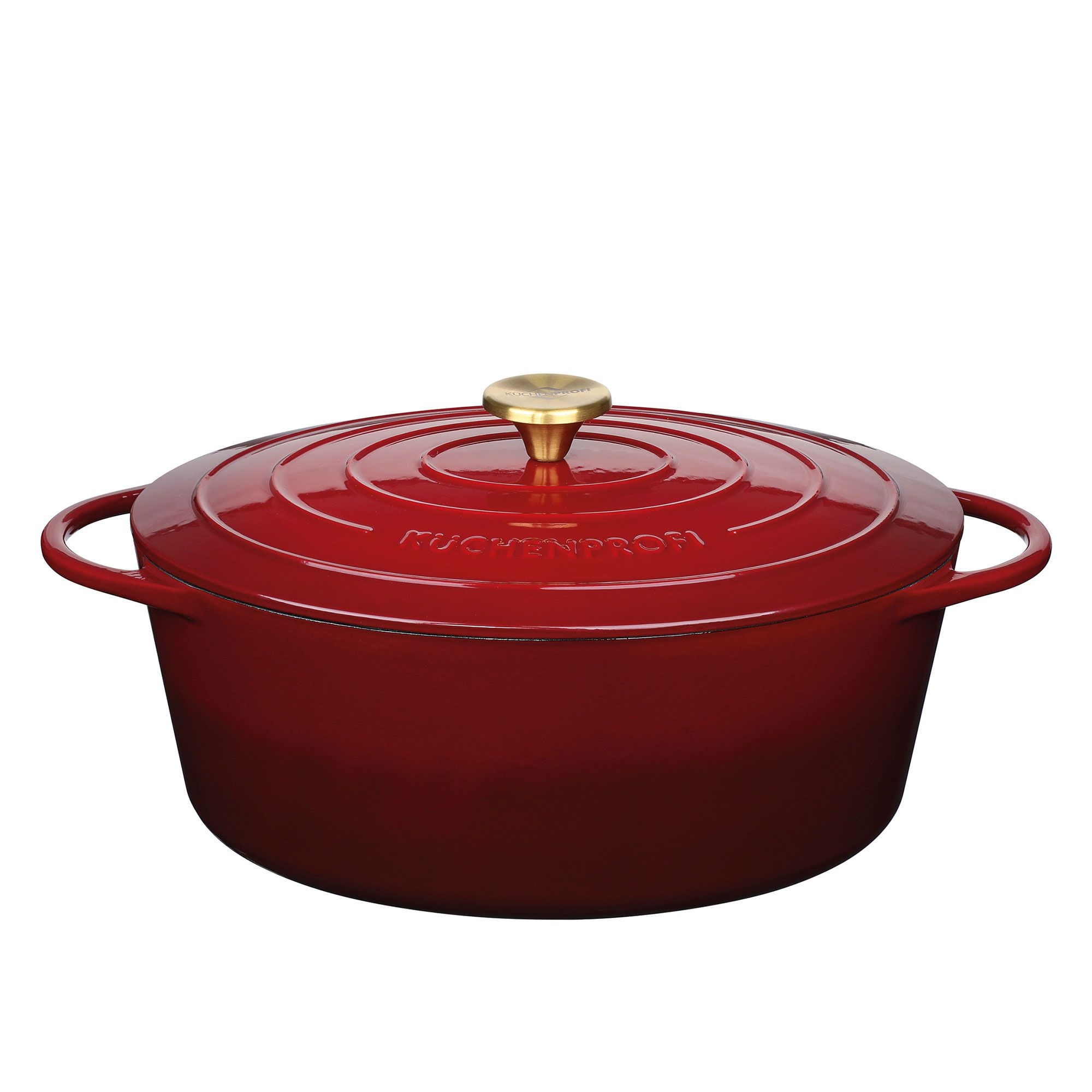 Round red cast iron casserole with lid
